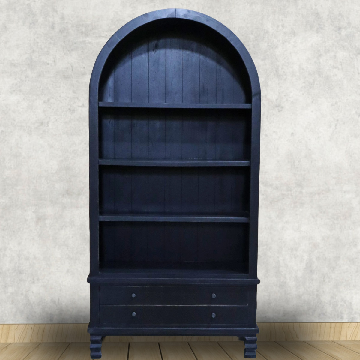 Antique Indian Heritage Arched Wooden Bookshelf with Drawers