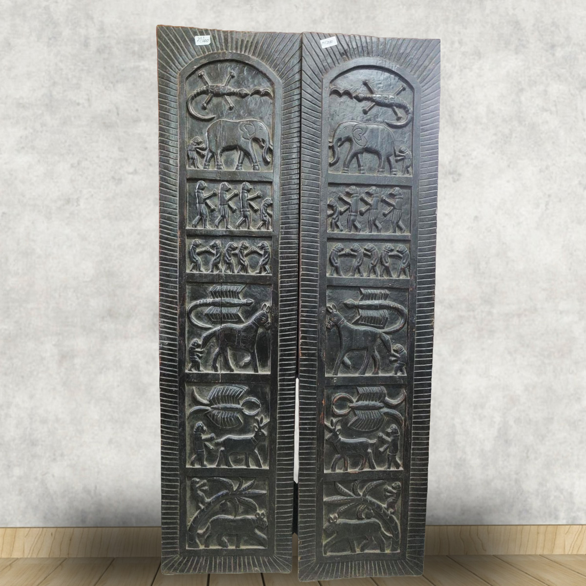 Heritage Hand-Carved Tribal Storytelling Teak Double Door Panels