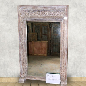 Antique Whitewashed Hand-Carved Wooden Mirror
