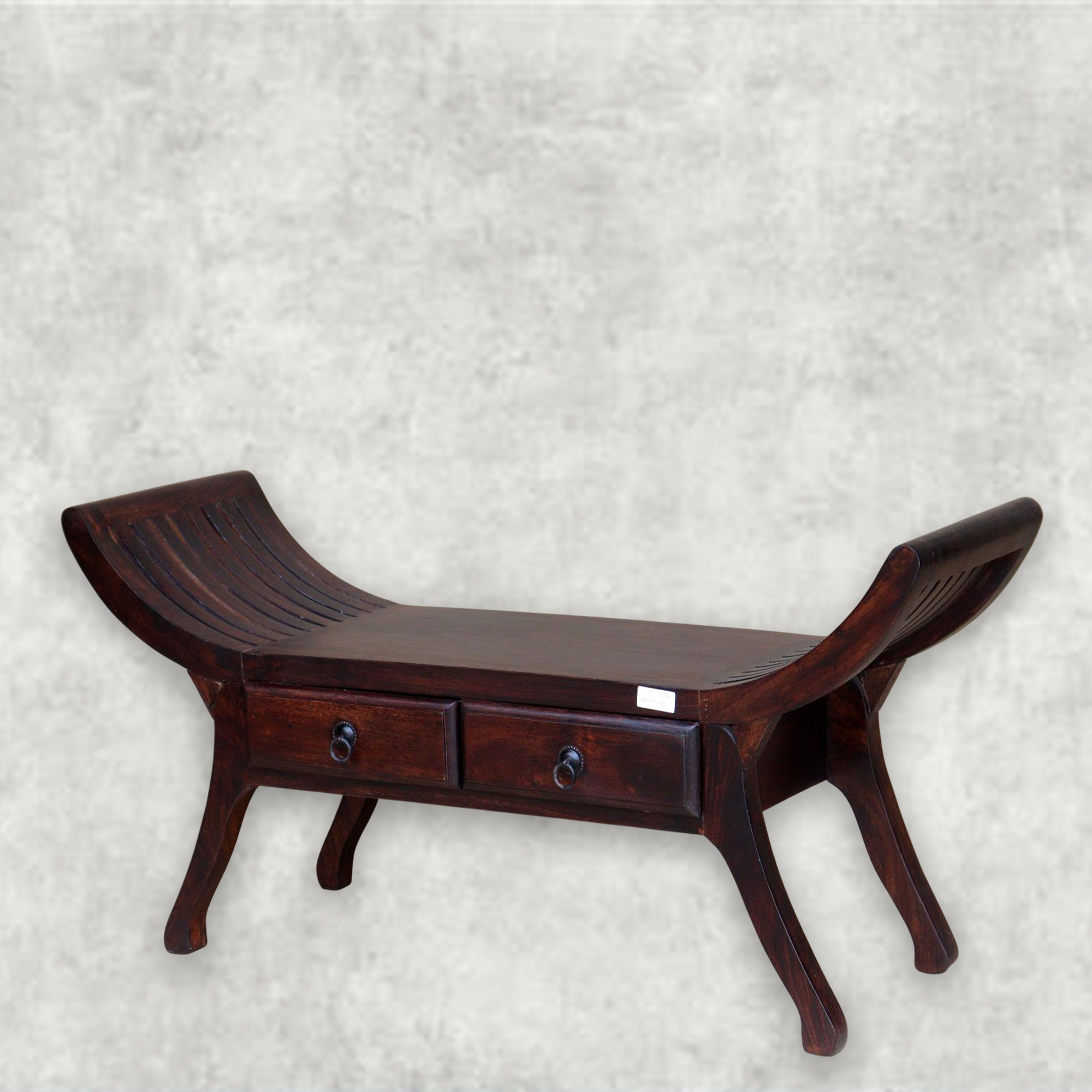 Vintage Wooden Curved-Arm Bench with Storage Drawers