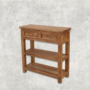 Rustic Solid Wood Console Table with Drawers and Open Shelves