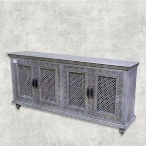 Handcrafted Lattice Carved Sideboard in Vintage Grey Finish