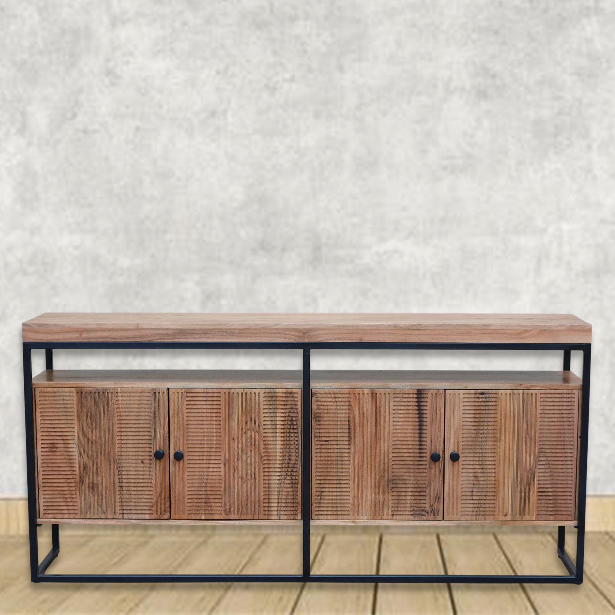 Modern Industrial Console Table with Textured Wooden Cabinets