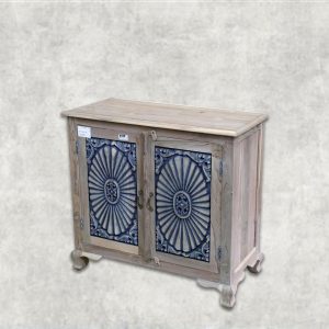 Handcrafted Wooden Cabinet with Ornate Sunburst Carved Doors