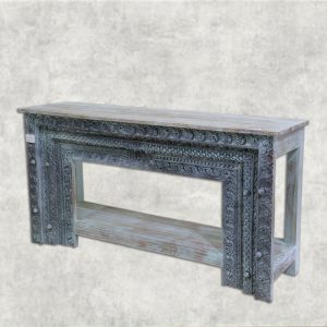 Vintage Hand-Carved Wooden Console Table with Distressed Teal Finish