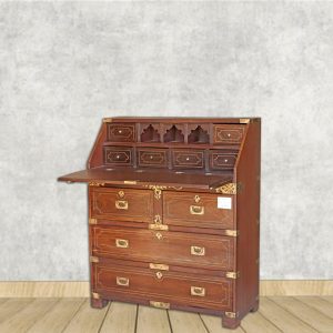 Vintage Wooden Secretary Desk with Brass Inlay & Storage Drawers