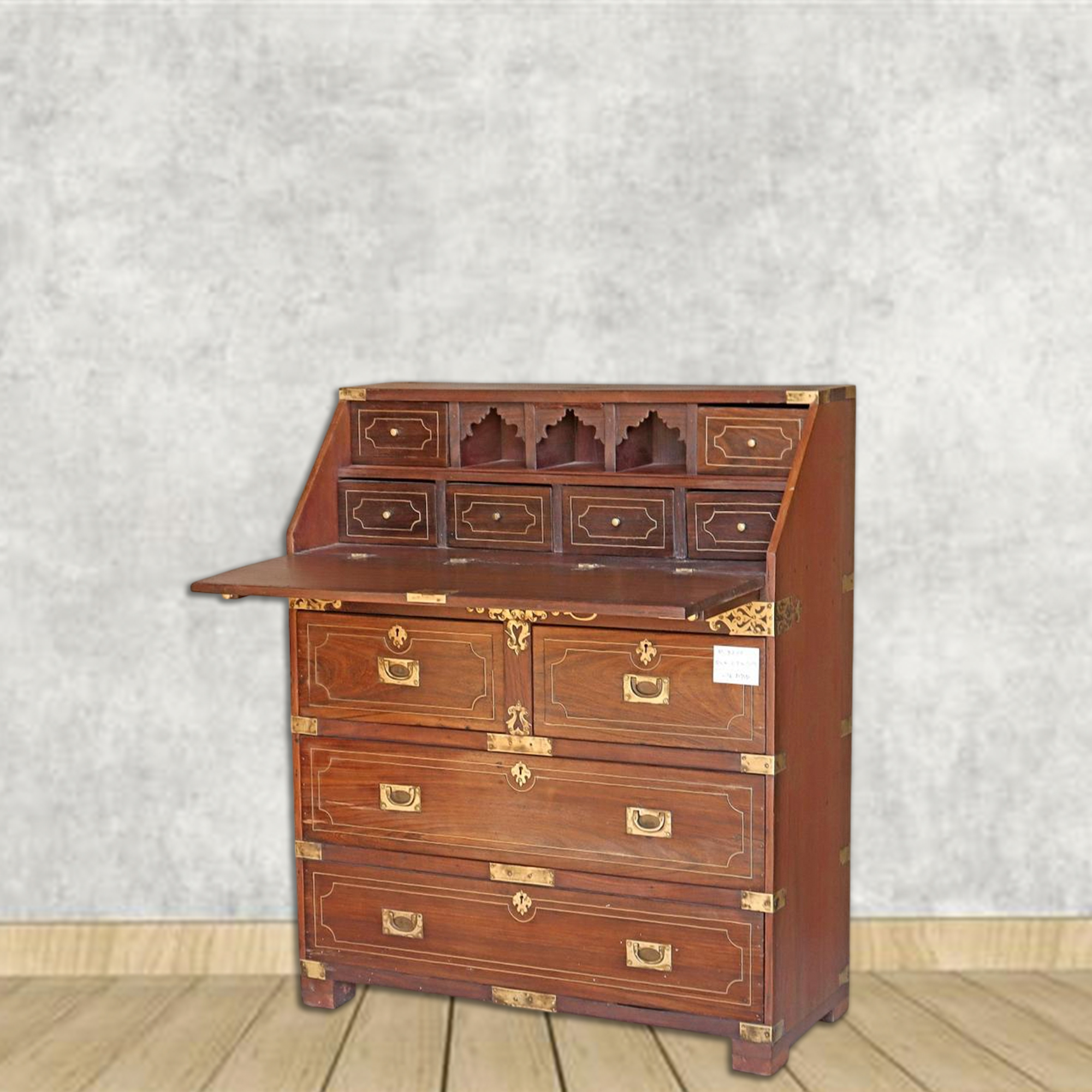 Vintage Wooden Secretary Desk with Brass Inlay & Storage Drawers