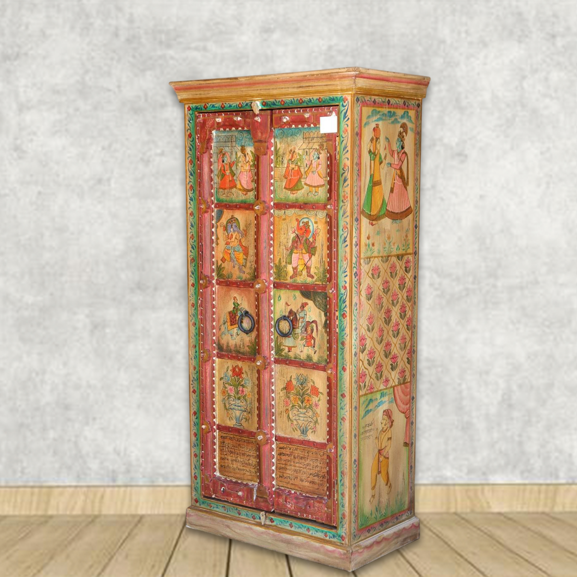 Hand-Painted Rajasthani Folk Art Wooden Cabinet