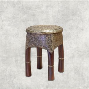 Antique Brass-Embossed Wooden Stool with Floral Detailing