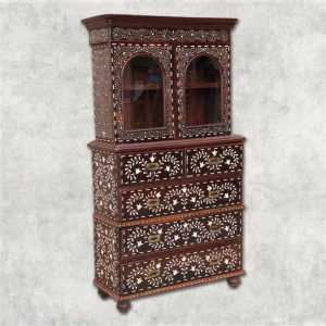 Handcrafted Bone Inlay Display Cabinet with Drawers