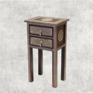 Handcrafted Brass-Embossed Wooden Side Table with Drawers