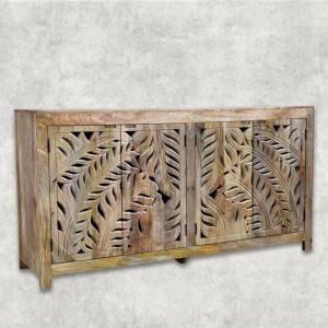 Handcrafted Solid Wood Sideboard with Botanical Carved Doors
