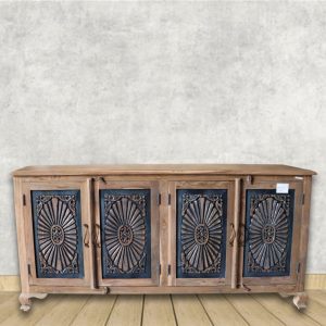 Handcrafted Wooden Sideboard with Ornate Sunburst Carved Panels