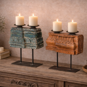 Artisan Heritage Pillar Candle Stand with Forged Iron Base – DD00130