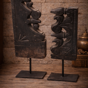 Artisan Heritage Carved Panel Sculpture on Iron Stand - DD00148